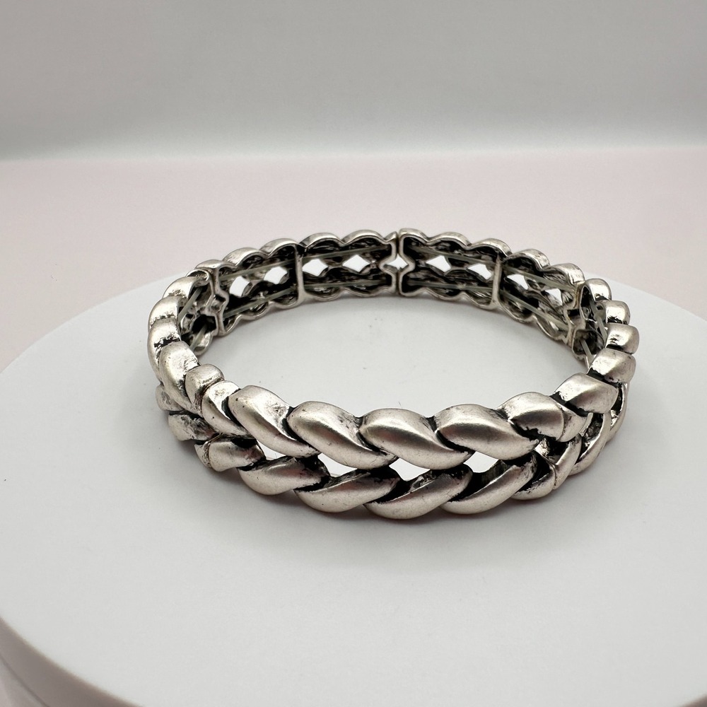 Vintage Y2K Silver Tone Braided Wide Cuff Stretch Bracelet Statement 90s